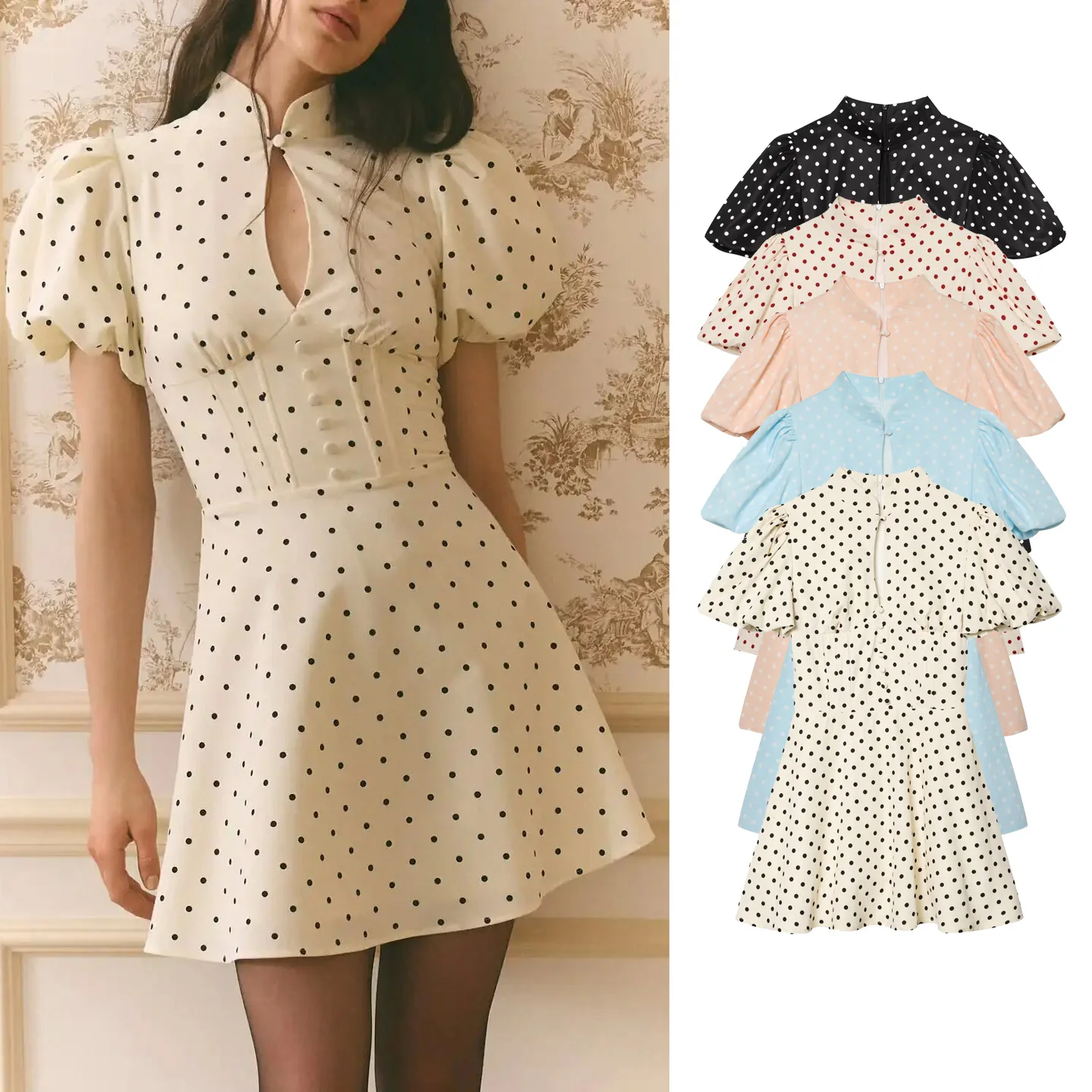 

Retro Polka Dot Mini A-line Dress Women Elegant Stand Collar Puff Short Sleeve Waist-cinching Dresses Lady Party Robe 2026 New