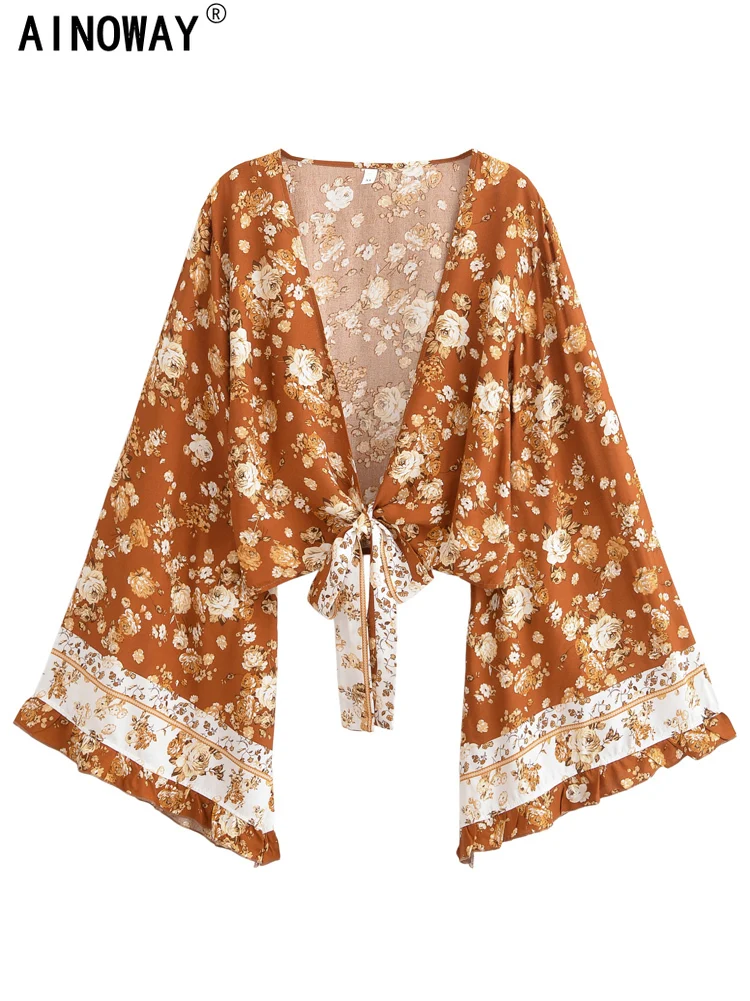 Vintage mujer salvaje Floral primavera 2025 playa verano corto Kimono volantes mangas acampanadas vacaciones bohemio Bikini Boho encubrimientos