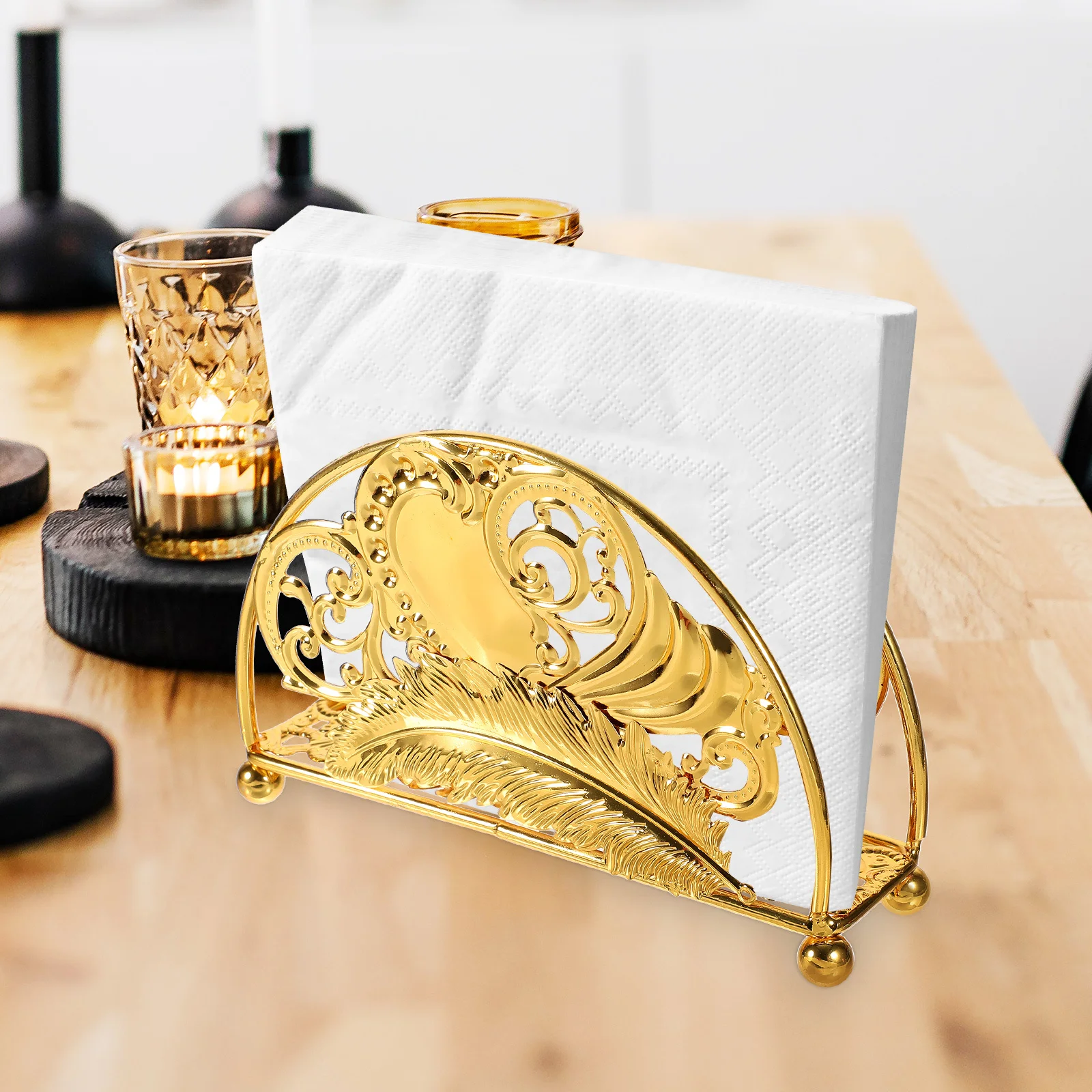 

Freestanding Holder Iron Hollow Design Vertical Napkin Stand For Kitchen Dining Room Tabletop Vintage Style Tissue Storage Rack