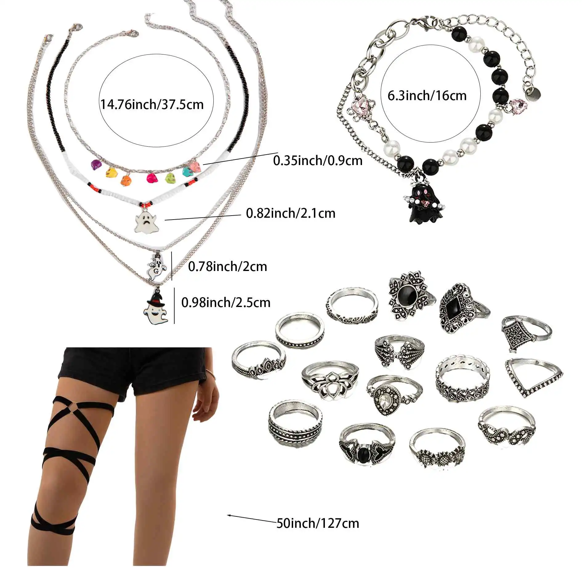 Halloween Party Themed Jewelry Set for Women Dark Gothic Necklace  Rings Set and Bracelet Black leg Bandage Thigh cross Chains