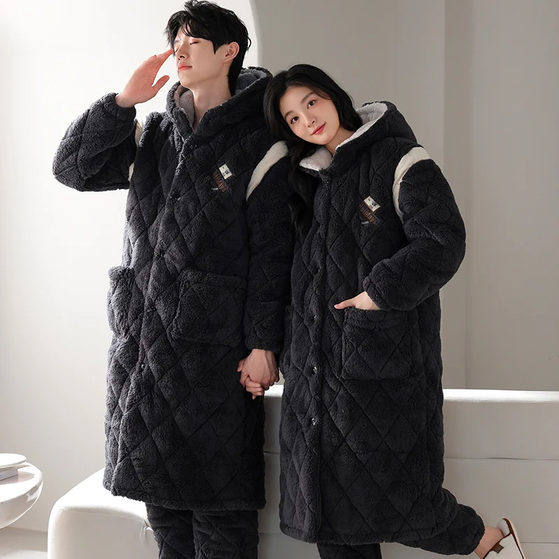 High Quality Thick 3 Layer Clip Cotton Hooded Bathrobe+Pant Men Women Winter Warm Kimono Bath Robe Dressing Gown