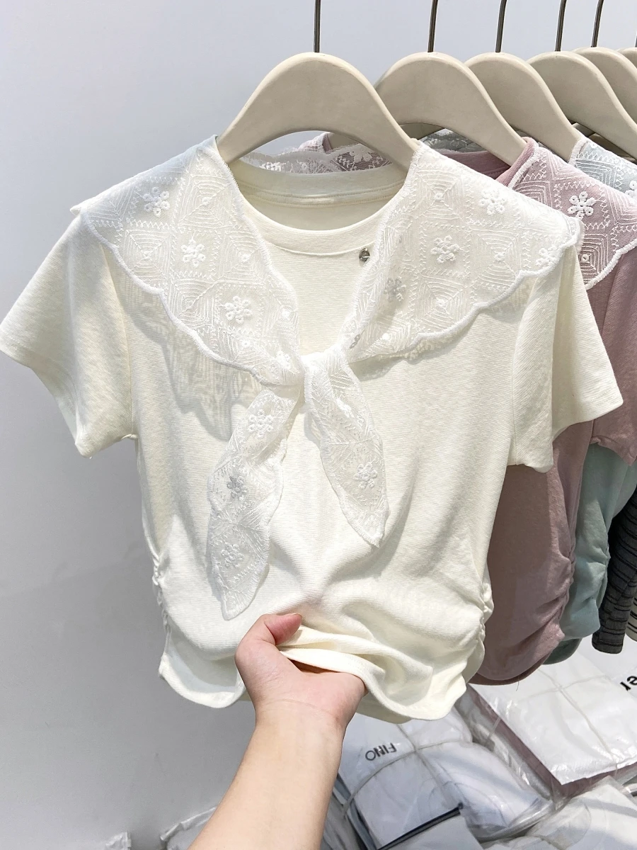 Lace Shoulder Wrap round Neck Short Sleeve T-Shirt Women's Summer New Design Pleated Waist Slimming Short Length Top