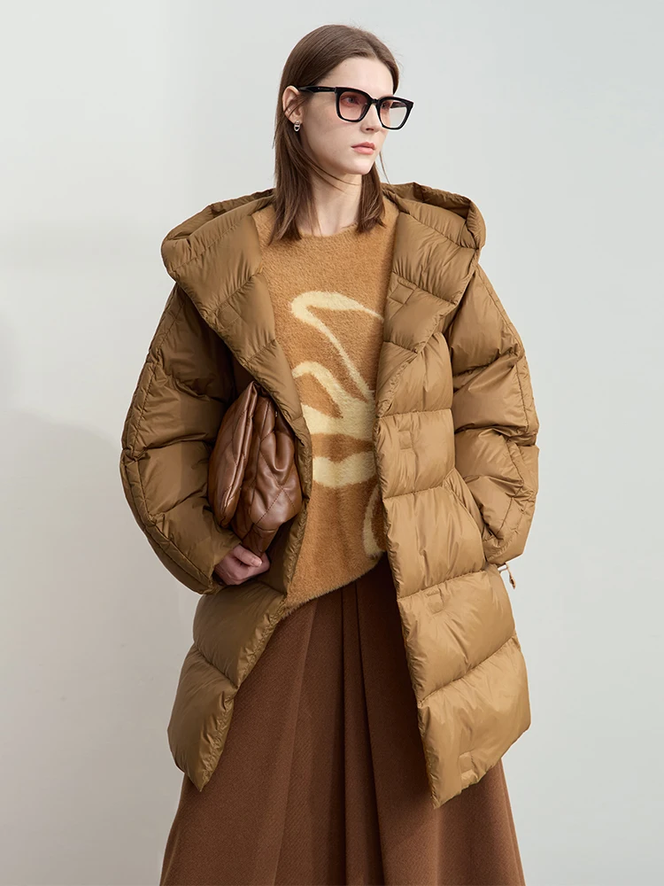 AMII-Doudoune Minimaliste à Capuche pour Femme, Manteau Chaud en Duvet de Canard avec Ceinture Magnétique, Nouvelle Collection Hiver 2024, 12424001