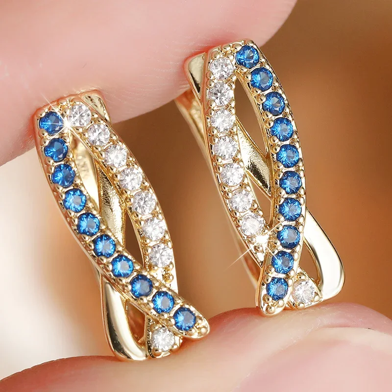 Shining Blue White Interwoven Zircon Earrings Luxury Sparkling Golden Plated Women's Earrings Fashion Jewelry Accessory