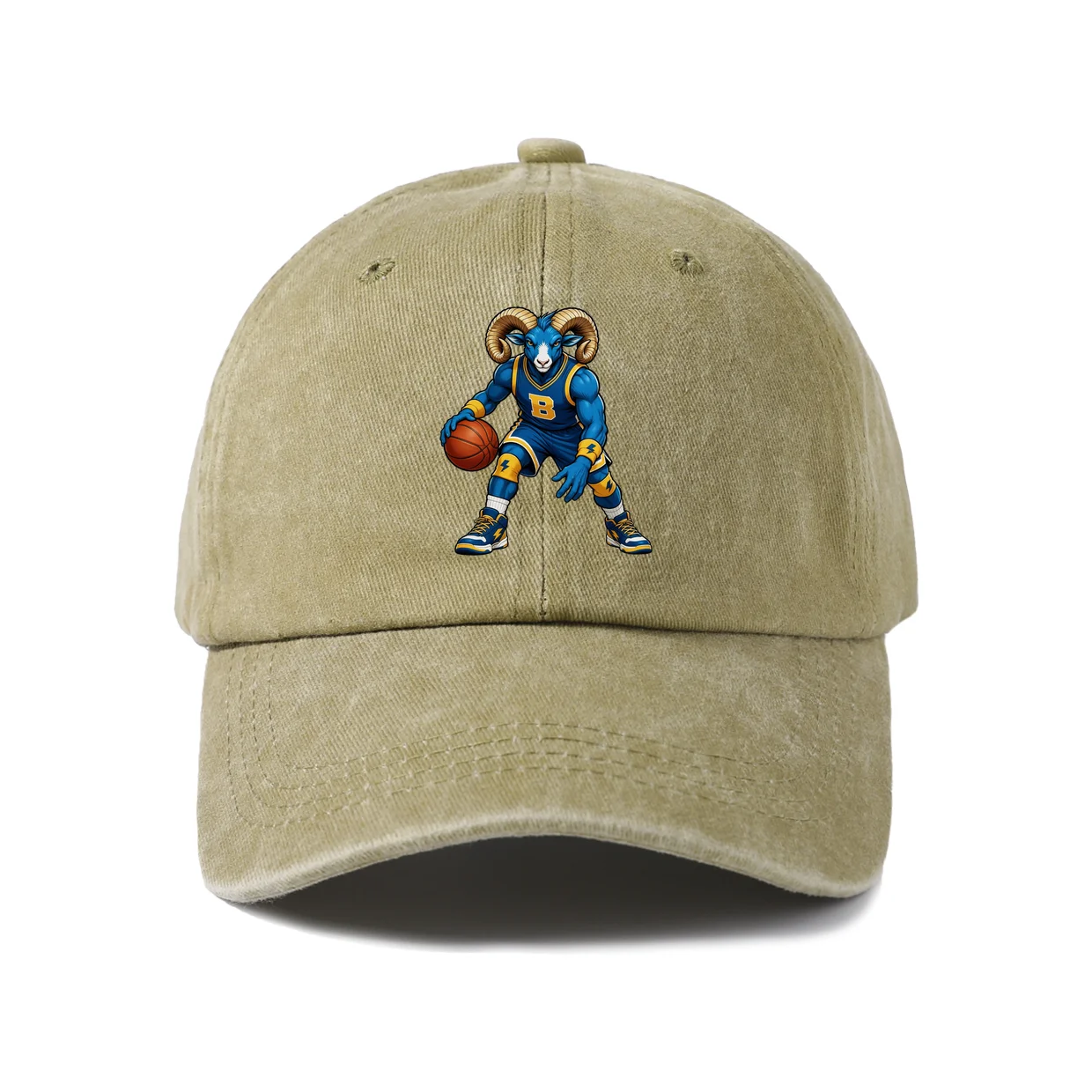 Basketball Ram Mascot Letter B Graphic Vintage Washed Baseball Cap, Adjustable Unisex Dad Hat for Men and Women