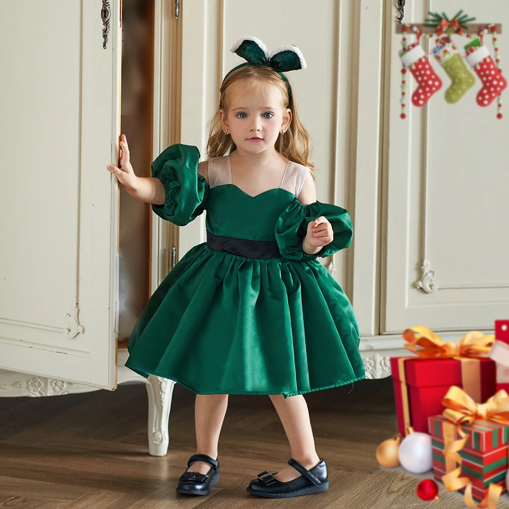 Baby Christmas Dress For Girls Toddler 1 Year Birthday Wedding Party Dresses Lantern Sleeve Girl Princess Green Xmas Costumes