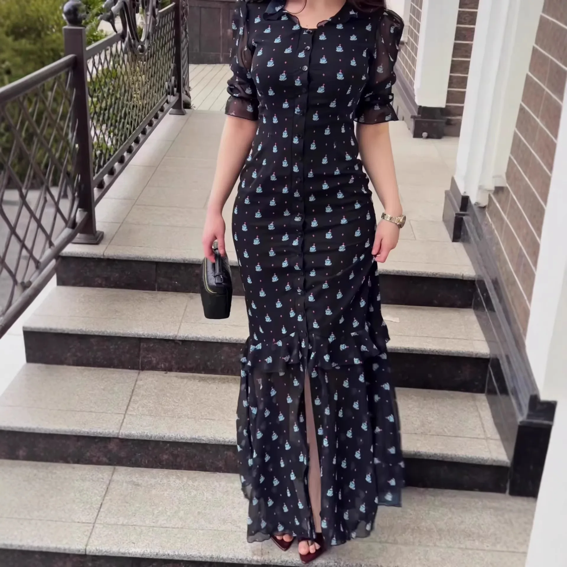 Meerjungfrauenkleid Damenkleider Vestidos Rundhals Puffärmel Hüftwickel Elegant Knöpfe Slim Fit Y2k Streetwear Arbeit Sexy Sommer