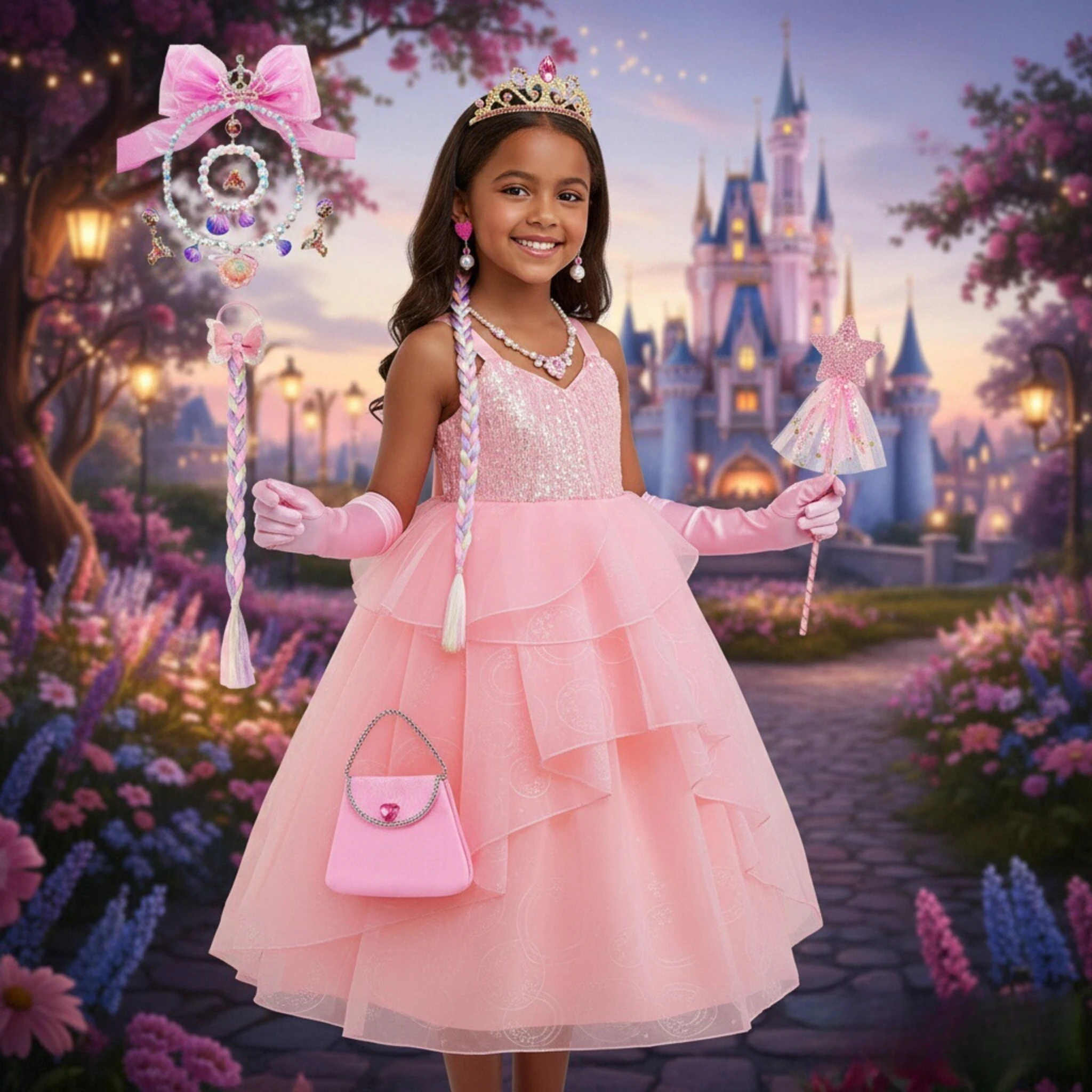 Kinder Rosa Hexenkleid Bösewicht Glinda Elphaba Kleidung Cosplay Halloween Tüll Fantasiekostüm für Kinder Mädchen Geburtstag