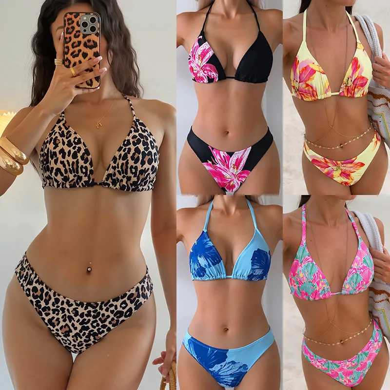 

2026NewbikiniPrinted Leopard Strap Triangle Cup Sexy Bikini Two-Piece Swimsuit for Women