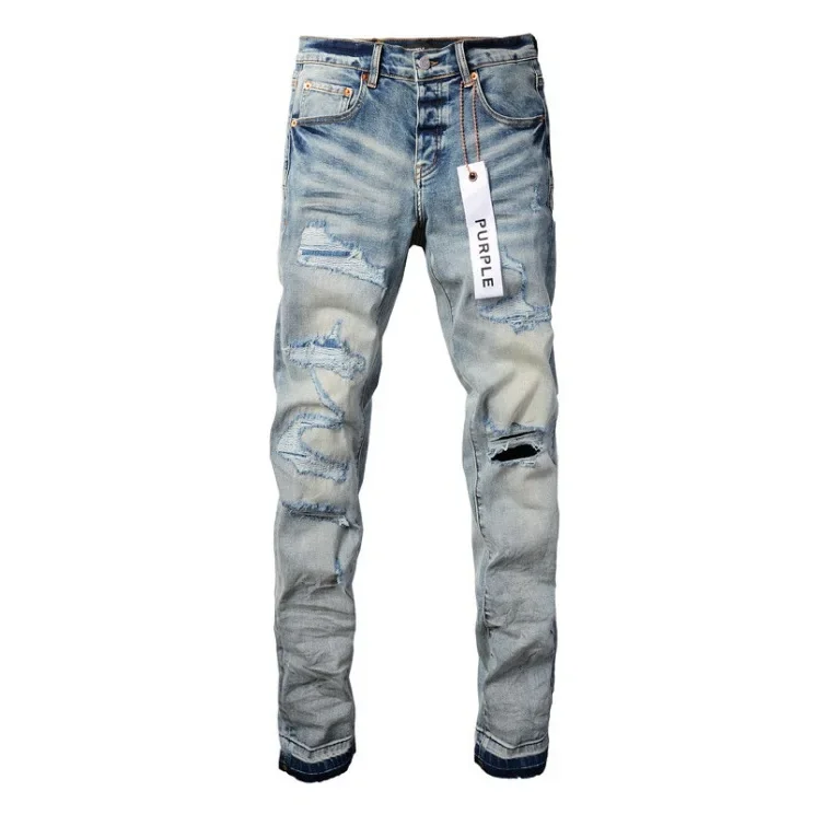 Purple Blue Ripped High Street Men's Straight Jeans for Daily Wear