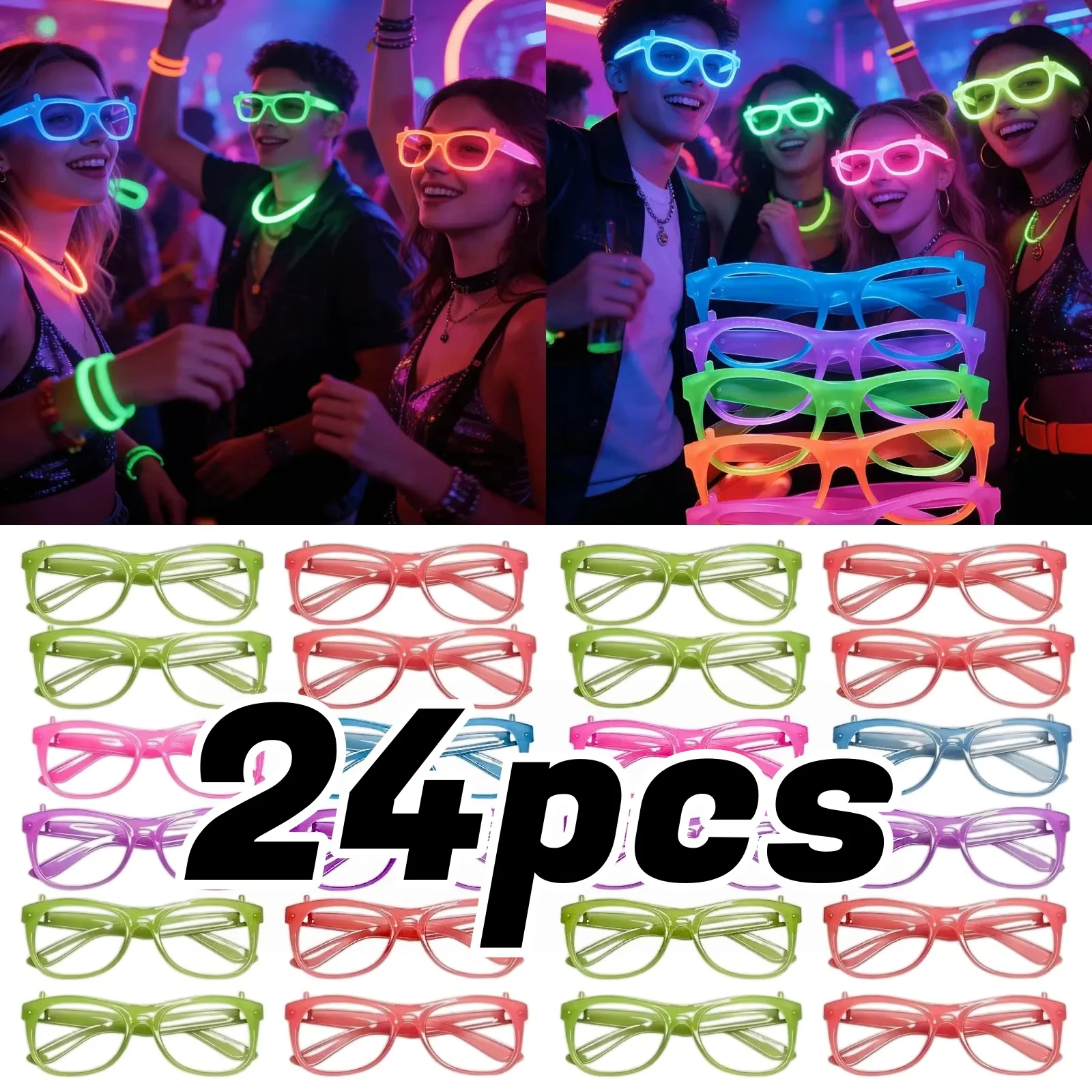 Glow In The Dark Party Glasses - 2/24pcs Glow-in-the-Dark Neon Glasses No-Lenses Luminous