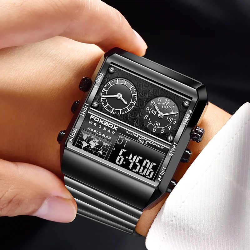 Foxbox relógios masculinos marca de luxo relógio quadrado para homens relógio de pulso quartzo moda à prova dwaterproof água dupla exibição relógio relogio masculino