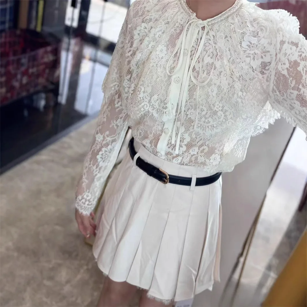 

Women's white lace diamond shirt lace-up hollow elegant ladies top