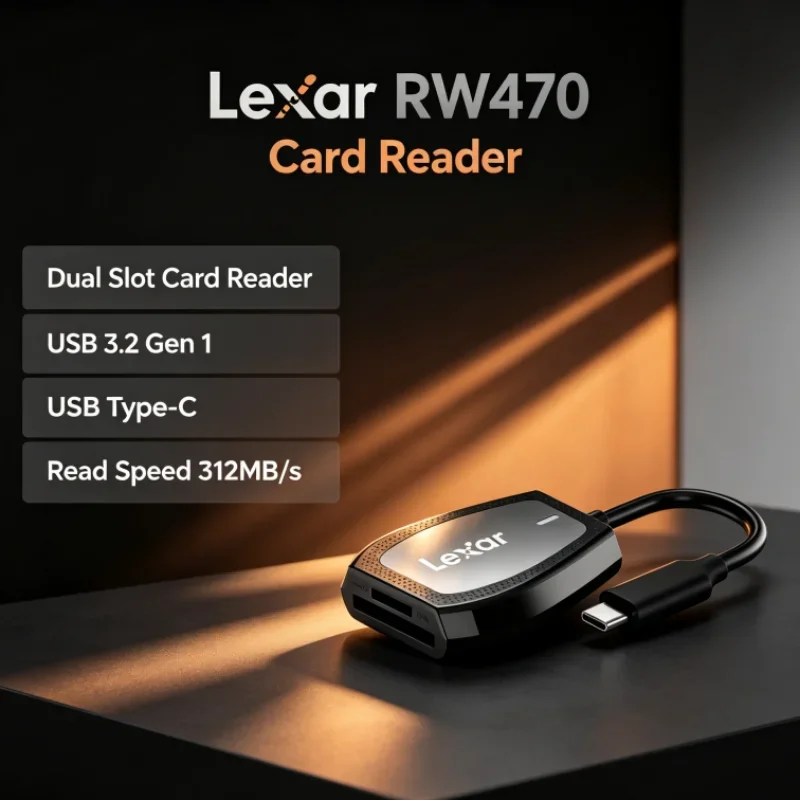 Lexar RW470 2-in-1 USB 3.2 Gen1 Card Reader Dual Slot Type-C SD microSD UHS-II Up to 312MB/s Read Speed for Photo Transfer