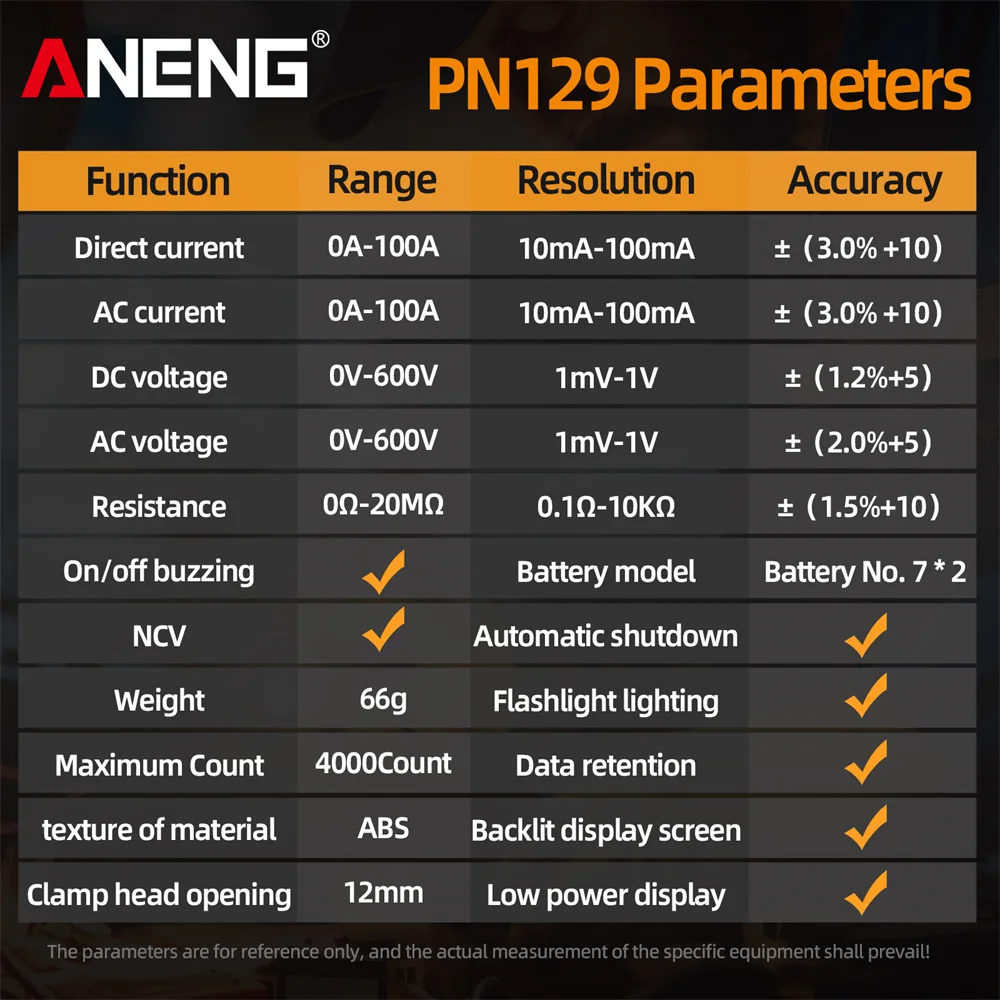 ANENG PN129 Multimetro a pinza digitale Misuratore di tensione CA/CC 4000 conteggi Capacità NCV Ohm Tensione Corrente Tester Strumenti