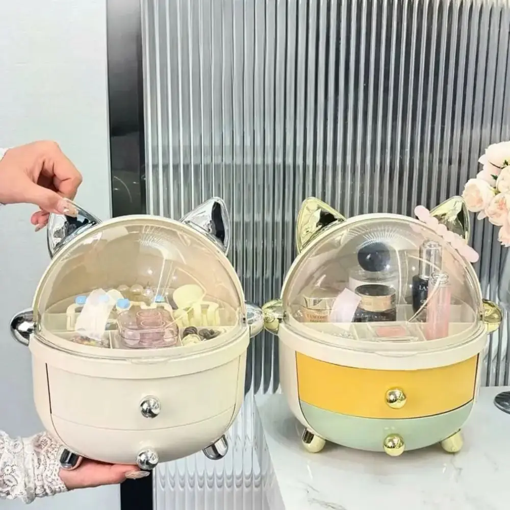 

Cute Plastic Desk Organizer Cat Ears Decor Multi Layer Drawer Makeup Organizer Round Cosmetics Storage Box For Hair Ties Holder