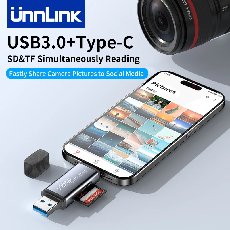 Unnlink Card Reader USB3.0 & USB Type C to SD MicroSD TF Memory Card for PC Laptop Phone Cardreader Simultaneously Reading