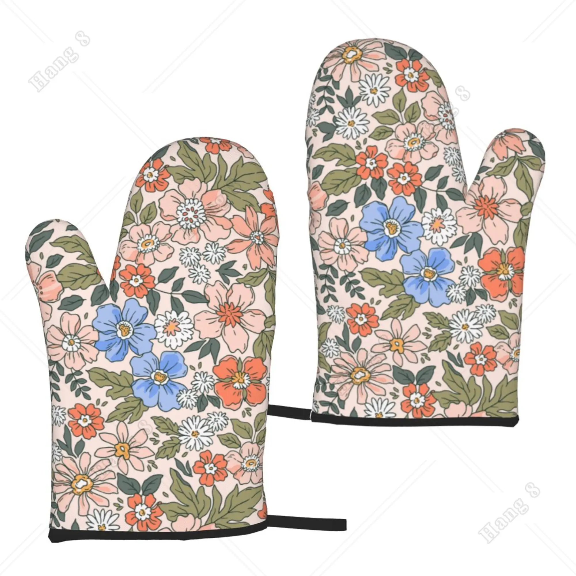 Colorful Floral Print Oven Mitts Kitchen Gloves 2pc for Women Baking Waterproof Heat Resistant Cooking BBQ Hangable