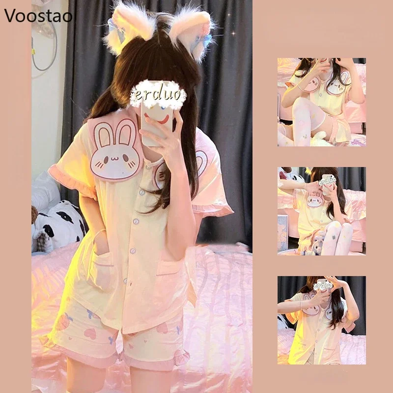 Summer Women Cute Rabbit Short Sleeve Tops Shorts Suit Sweet Lolita Princess Pajamas 2 Piece Sets Bunny Sleepwear Girly Pyjamas