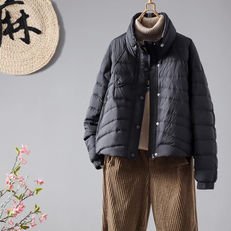 Schinteon feminino 90% pato branco para baixo jaqueta casual solto outono inverno outwear gola estilo coreano casaco curto 2025 novo