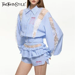 TWOTWINSTYLE Striped Two Piece Sets For Women Lapel Long Sleeve Top High Waist Shorts Patchwork Lace Casual Sets Female Fashion