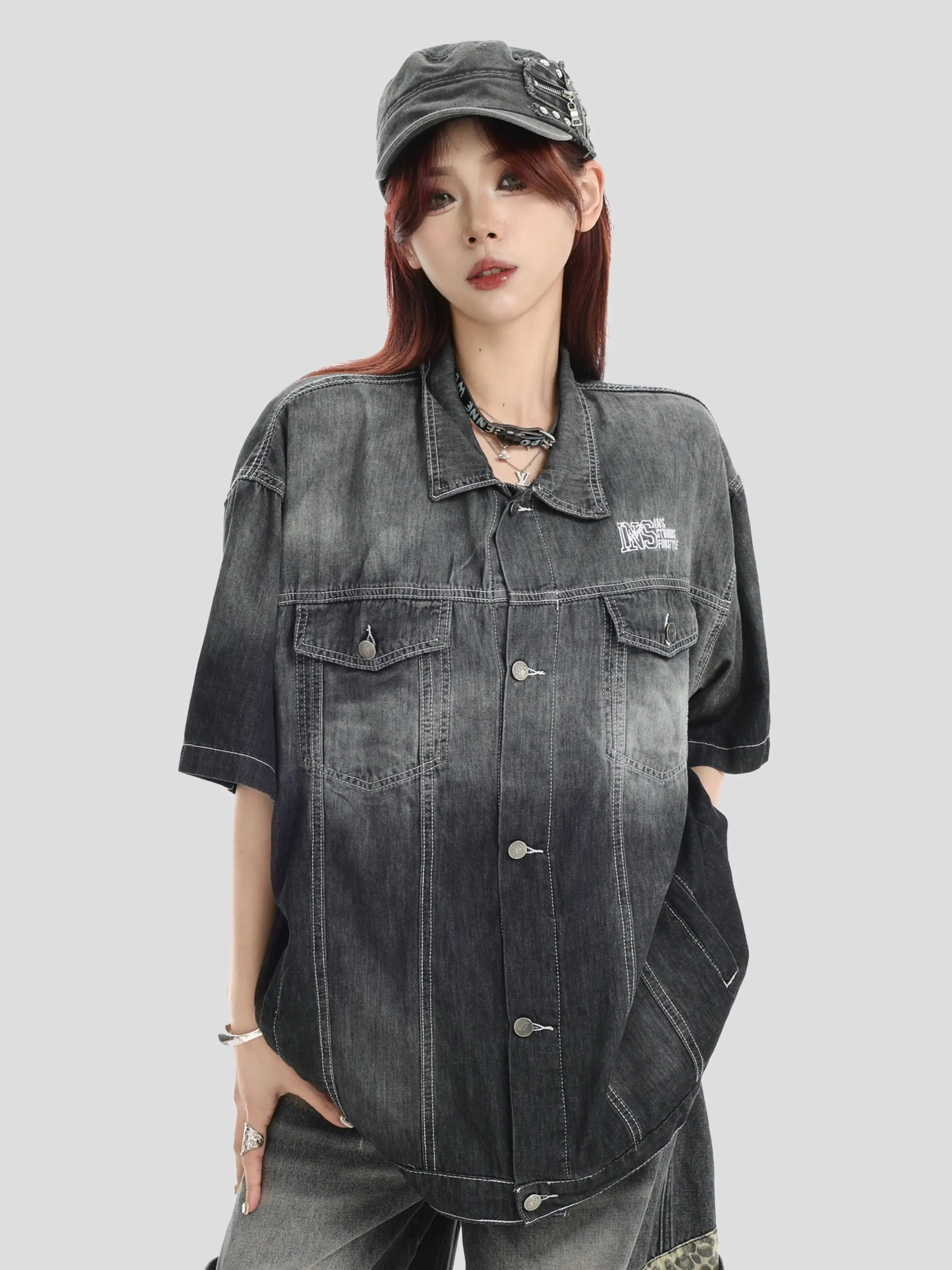 2026 New Autumn Couple Gradient Washed Denim Shirt Multi Pocket Loose Short Sleeve Blouse American Outerwear Shirts
