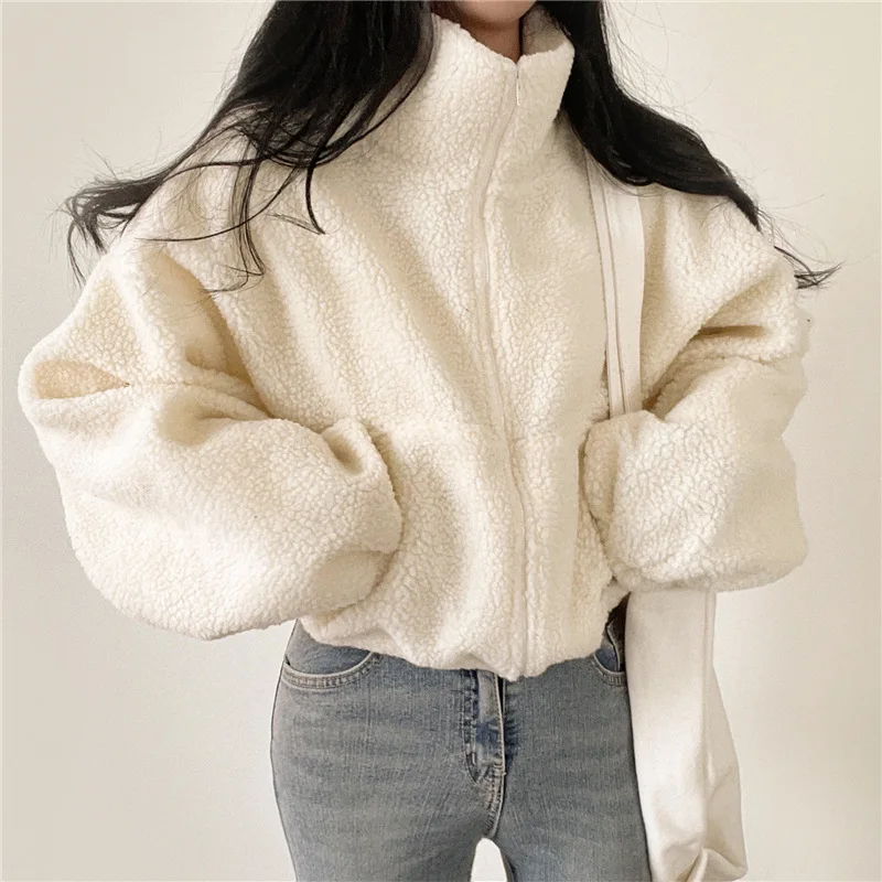 Women Autumn Winter Plush Thickened Loose Cardigan Zipper Coat Stand Up Collar Lamb Wool Top Trendy Long Sleeve Loose Jacket