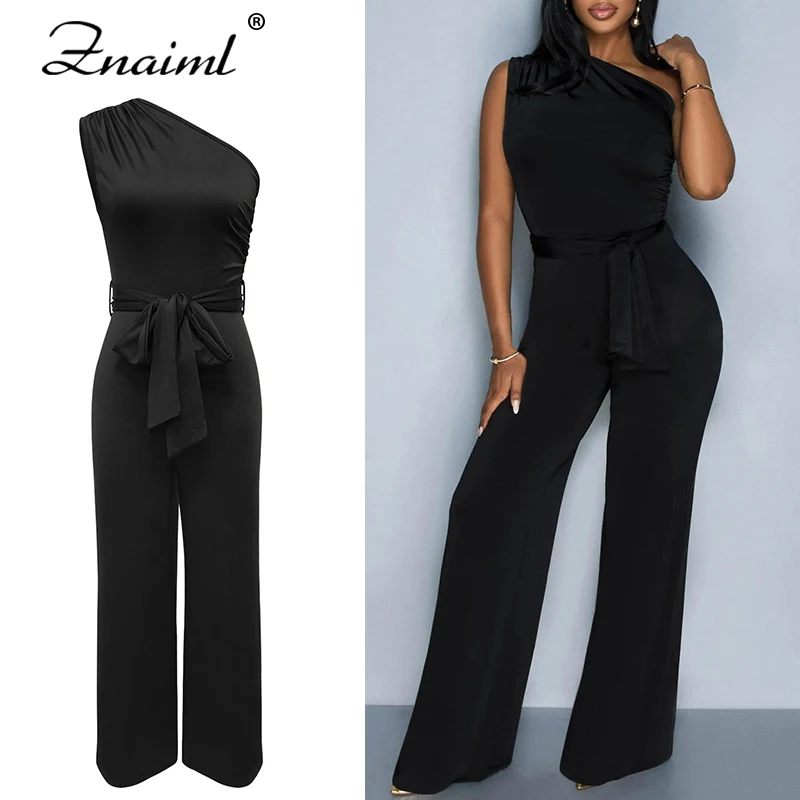 

Znaiml Summer Skew Collar Straight Jumpsuits for Woman Casual Slim Sleeveless Black Rompers Elegant Female Wide-leg Pants 2026