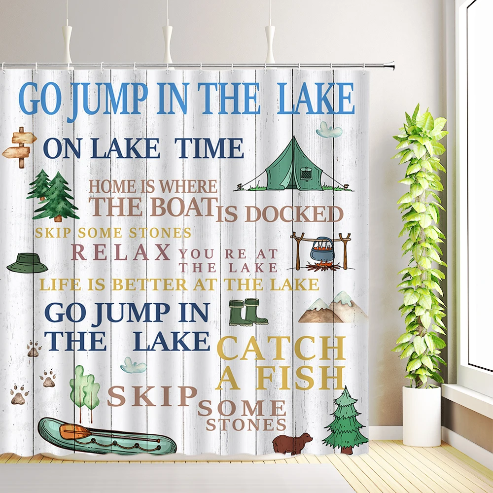 Lake Time Shower Curtain Camping Rules Bear Vintage Wooden Board Farmhouse Rustic Cabin Bathroom Decor Fabric Bath Curtains