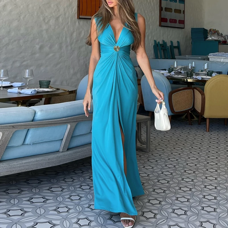 2025 sexy v-hals blauwe lange jurk laag uitgesneden hoog getailleerde damesavondjurk elegante mouwloze uitgeholde split-cocktailjurk