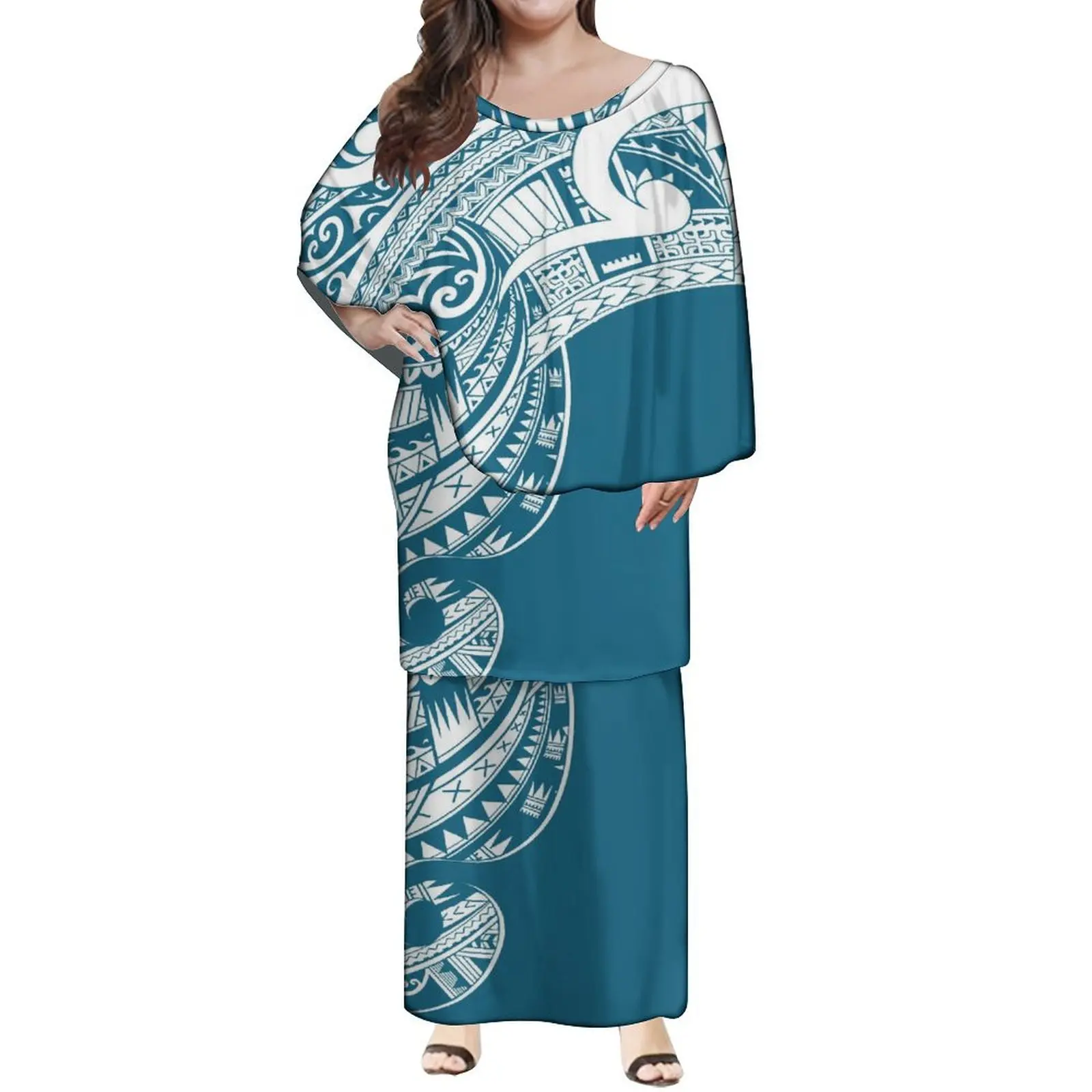 Tapa Puletasi Tatau Patterned Maxi Dress Crew-Neck Two-Piece Top Skirt Set Cape Sleeves New Design Custom Made By Polynesian