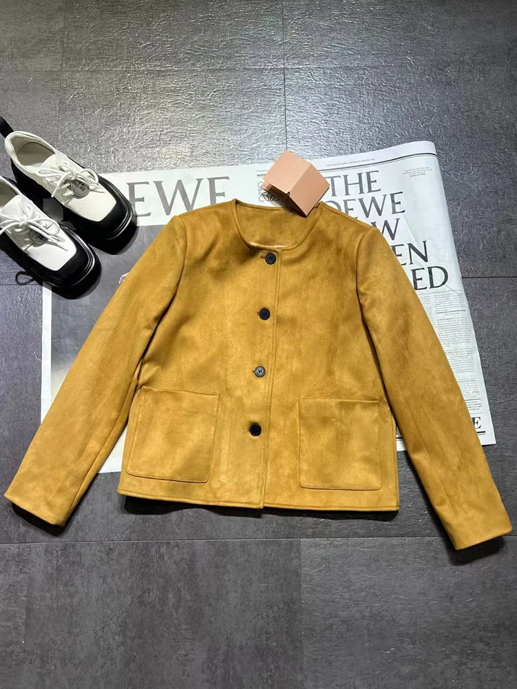 Designer vintage suede crew neck single breasted short jacket for Fall 2024 women's new fashion all-match side pocket jacket