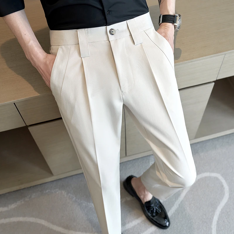 

New Elastic Waistline Solid Superior Suit Pants 2023 Summer Slim-fit Business Formal Social Casual Nine-point Pants All Matching