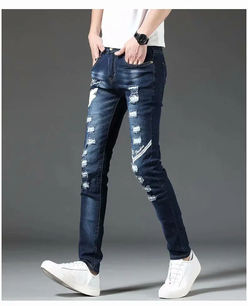 กางเกงยีนส์ยืดใหม่ สไตล์ Y2K ยุค 2000 ปักลายสไตล์เกาหลี ขาดๆ พิมพ์ลาย แฟชั่น กางเกงขายาวทรงสลิมฟิตสำหรับผู้ชาย ไซส์เล็ก สไตล์ลำลอง
