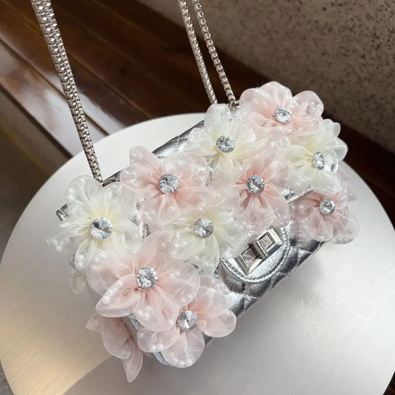 

Элитная дизайнерская женская сумка через плечо 2025 года с 3D-цветами и стразами, брендовая сумка-кроссбоди с узором «аргайл», квадратная сумка-тоут, вечерняя сумка с решетчатым узором