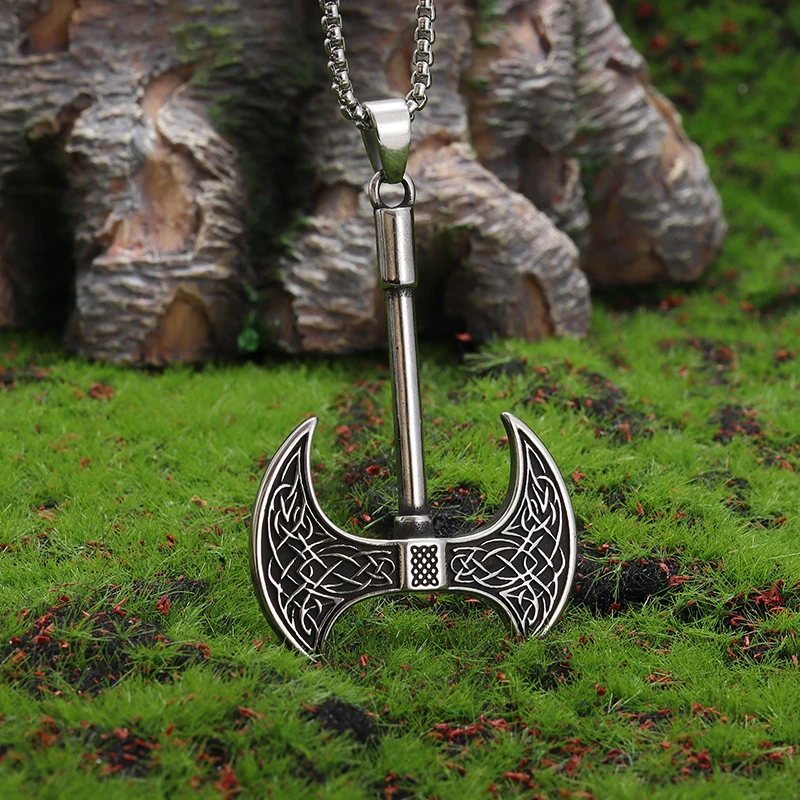 Vintage Celtic Knot Ax Pendant Men's Necklace Symbols Scandinavian Runes Norwegian Jewelry