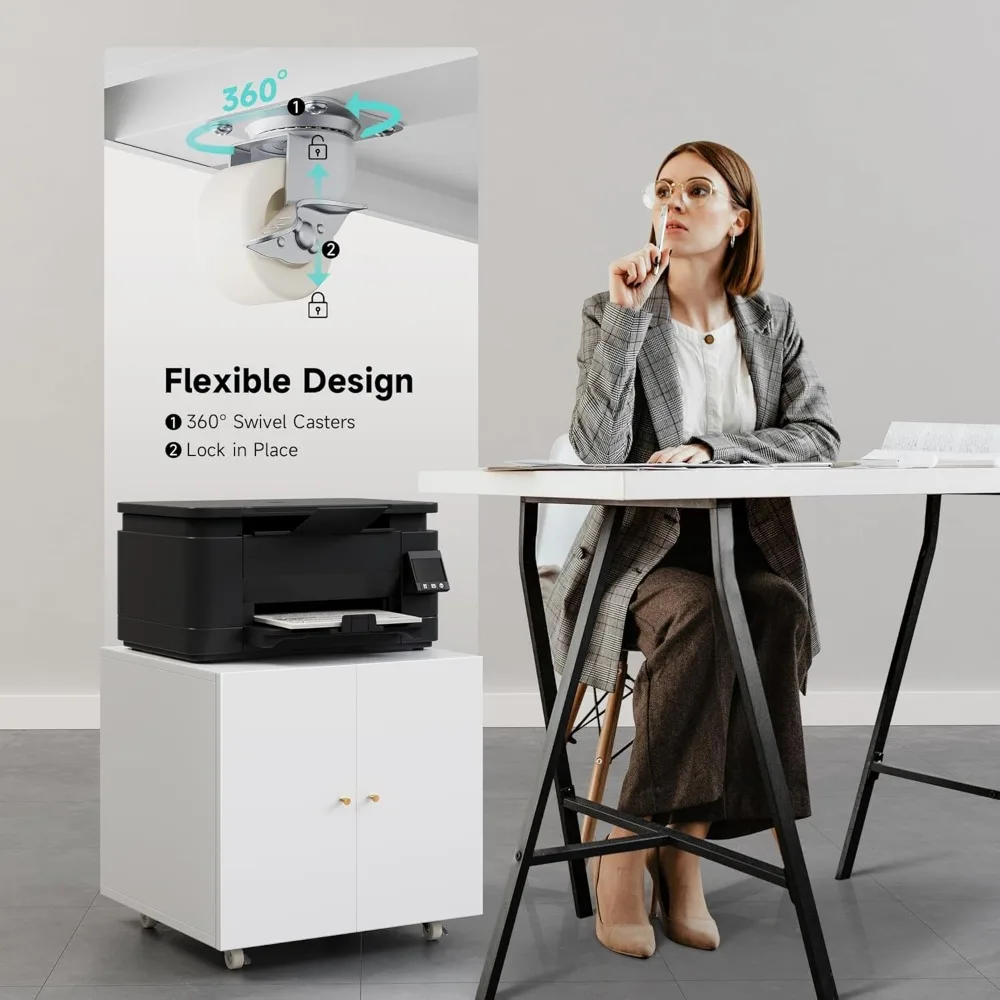 Support d'imprimante en métal avec rangement, tables d'imprimante mobiles pour petits espaces avec porte, étagère réglable, classeur sur roulettes pour H
