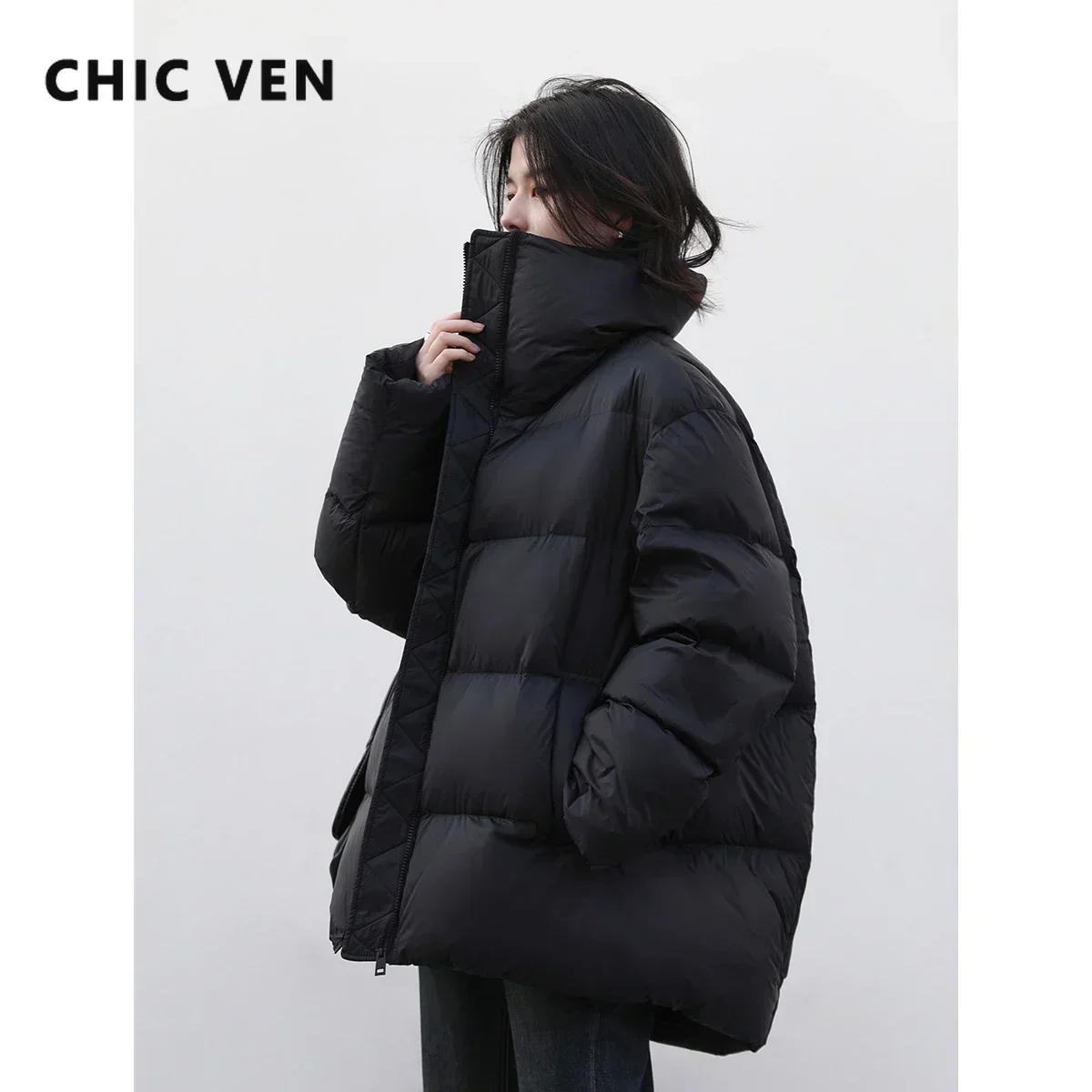 CHIC VEN Women Down Coats Long Sleeve New Soft Solid Lightweight Bread Down Jacket Female Warm Coat Lapel Outerwear Winter 2023