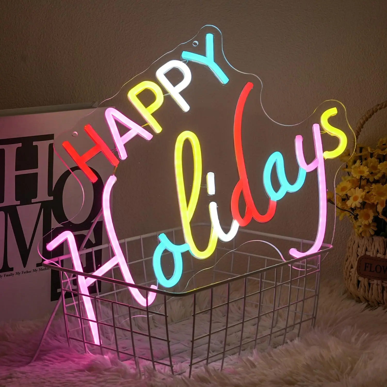 

Colorful Happy Holidays Neon Sign Dimmable Led Letter Wall Light for New Year Party Home Bar Living Room Holiday Wall Decor