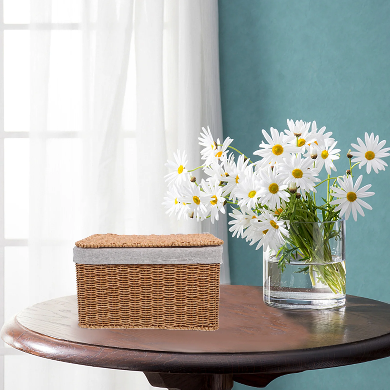 

Rectangular Wicker Storage Basket with Lid Handle Organizer Large Woven Bin for Clothing Books Room Storage Magazine Basket