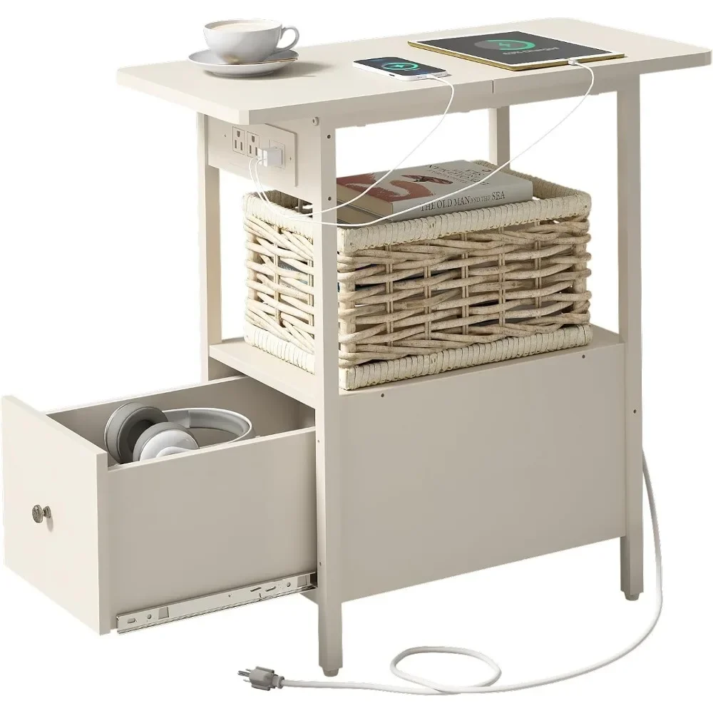 

Narrow Side Table with Drawer and USB Ports & Power Outlets, Nightstand Bedside Tables for Small Spaces, Bedroom