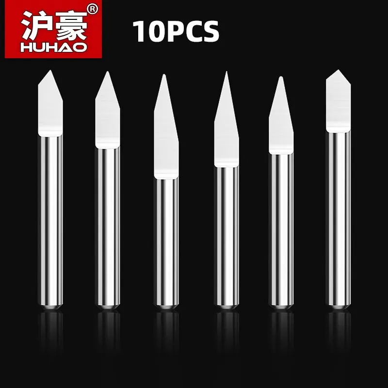 HUHAO 10pcs PCB 3D Engraving Bit Tipped 0.1-0.7mm V Shape Carving Bits Carbide PCB 3D Milling Cutter 10/15/20/25 Degrees