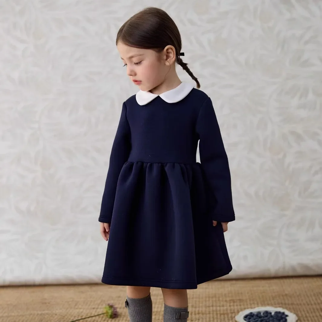 Baby Girls Dress Fashion Long Sleeve Pure Color Peter Pan Collar High End 2024 Jesienna nowa sukienka dziecięca — zdjęcie 3