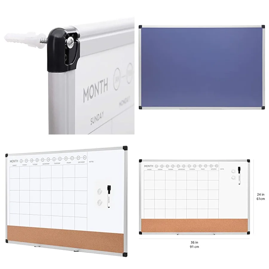 

24 x 36 Monthly Whiteboard Calendar with Cork Board, Dry Erase Magnetic Whiteboard for Daily Planning, Wall Mounted, Silver Alu