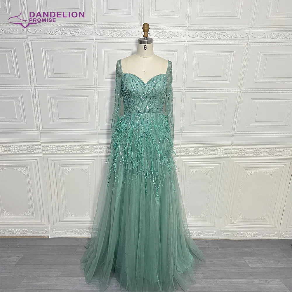 Luxury Beaded Green  Feathers A-Line Evening Dress 2023 Sweetheart Long Sleeves For Women Formal Party Gown