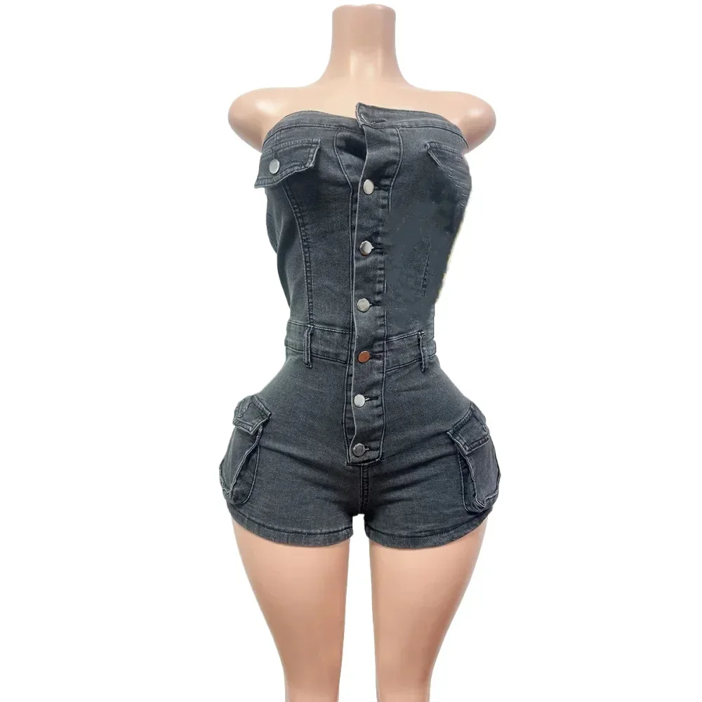 

Сексуальные джинсовые облегающие комбинезоны с открытыми плечами, женские тонкие джинсы-карго без рукавов на пуговицах, модные комбинезоны