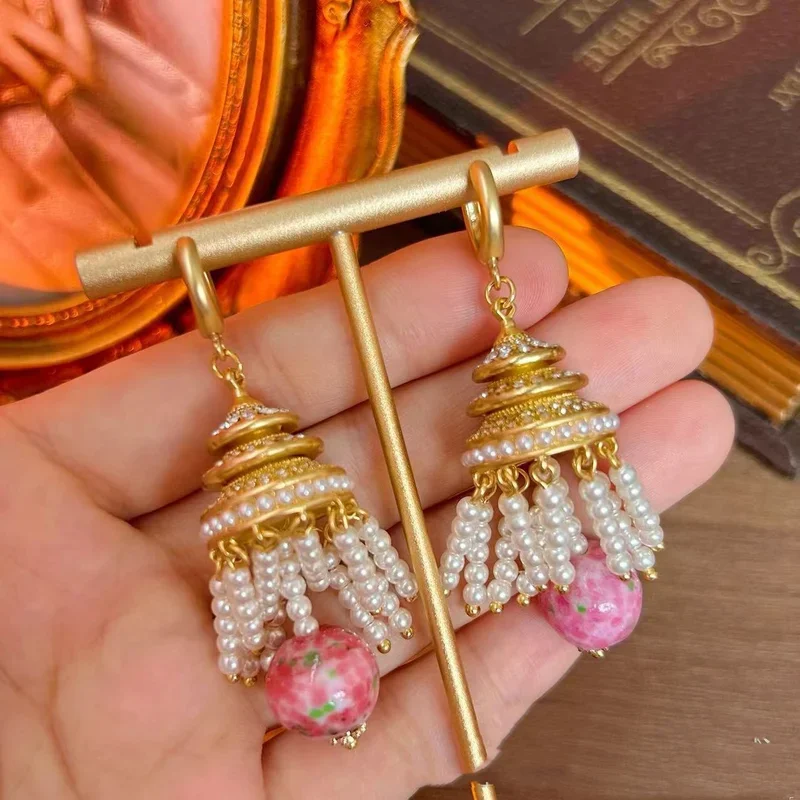 Vintage New Chinese tassel long pink court style earrings Pearl sweep shoulder elegant carved premium ear buckle