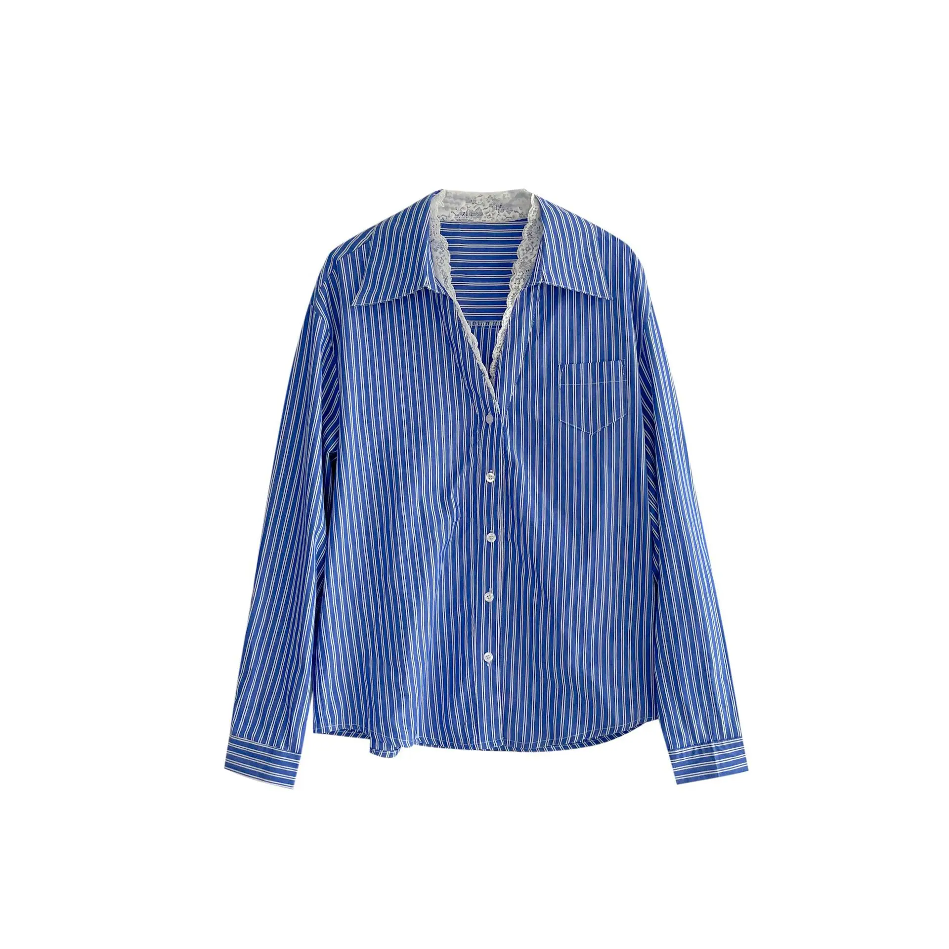 Chemise à rayures bleues et blanches en dentelle française pour femmes, haut Chic de Style coréen, printemps