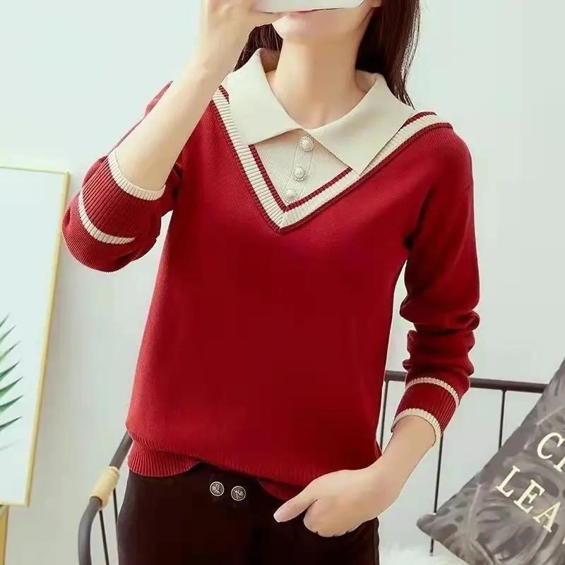 Doll Collar Pullover Sweater Women 2024 Autumn Winter New Spliced Button Fashion Slim Loose Minimalist Long Sleeved Knitted Top