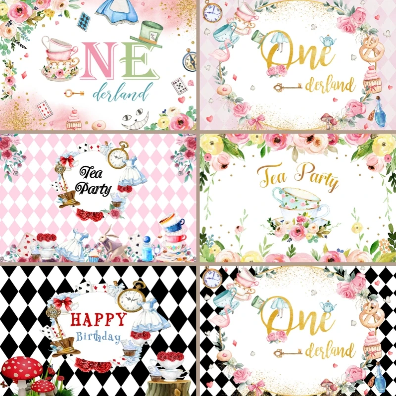 Mocsica1st 생일 파티 사진 배경 이상한 나라의 앨리스 장식 소품, 신생아 베이비 샤워 사진 배경 배너